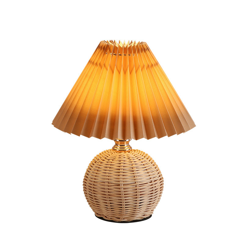 Hearthcone Table Lamp, Woven Rattan with Pleated Fabric Shade