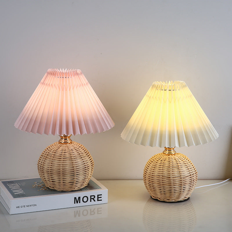 Hearthcone Table Lamp, Woven Rattan with Pleated Fabric Shade