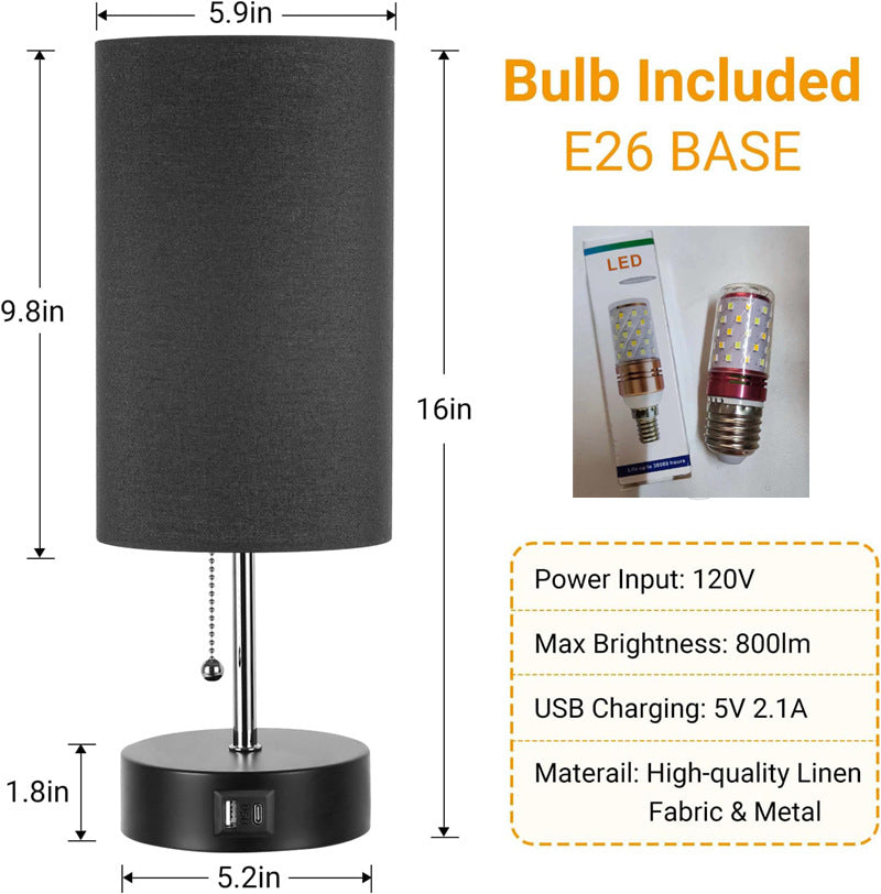 Pull Chain Desk Lamp Led Table Lamp Bedside Lamps with USB A+C Port Fast Charging Rechargeable Lamps Bedroom Decoration лампа