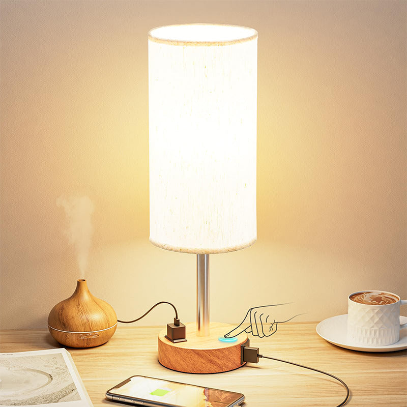 Popular Night Light Wood Grain Three-Speed Touch Dimming Cloth Cover Bedside Lamp Decorative Table Lamp