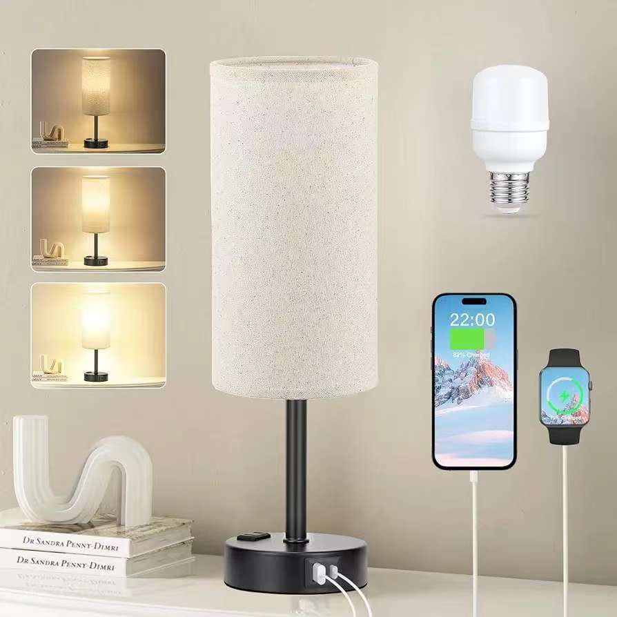 Popular Night Light Wood Grain Three-Speed Touch Dimming Cloth Cover Bedside Lamp Decorative Table Lamp
