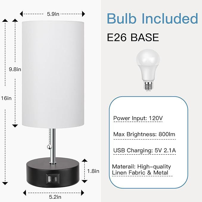 Pull Chain Desk Lamp Led Table Lamp Bedside Lamps with USB A+C Port Fast Charging Rechargeable Lamps Bedroom Decoration лампа