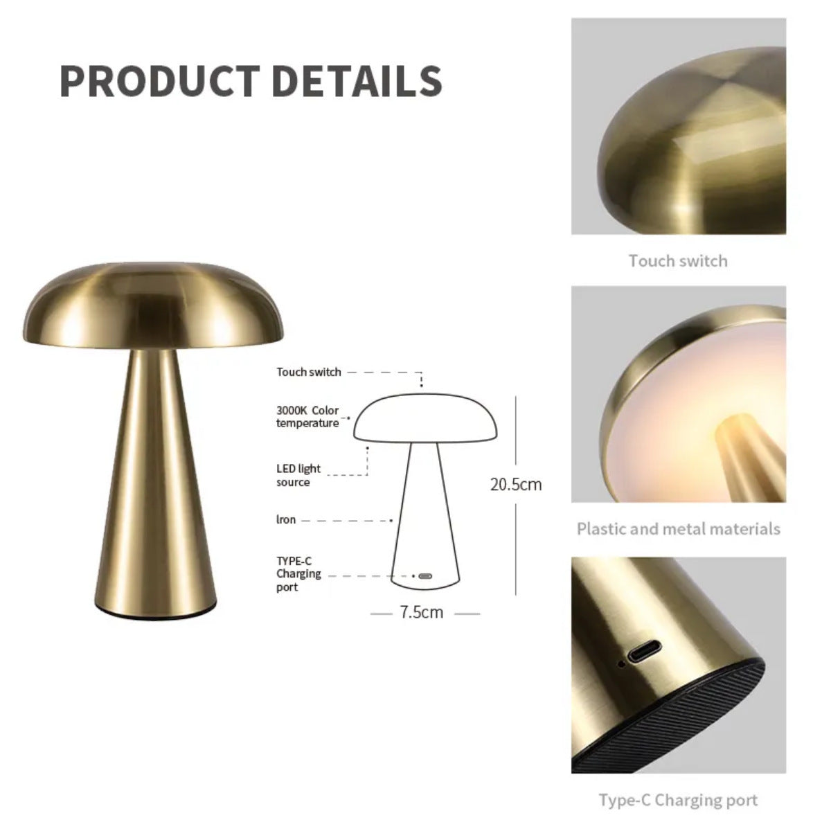 Cross-border Metal Mushroom Table Lamp Nordic Creative Retro USB Charging Cafe Bedside Touch Decorative Table Lamp