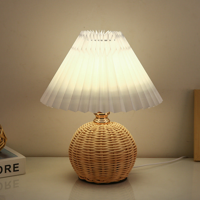 Hearthcone Table Lamp, Woven Rattan with Pleated Fabric Shade