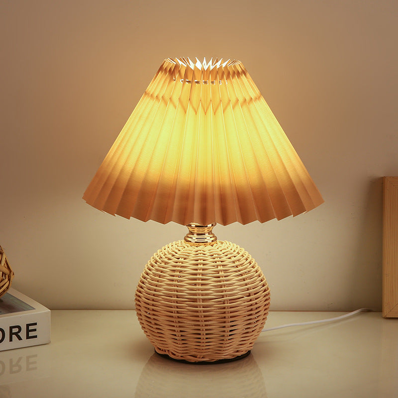 Hearthcone Table Lamp, Woven Rattan with Pleated Fabric Shade
