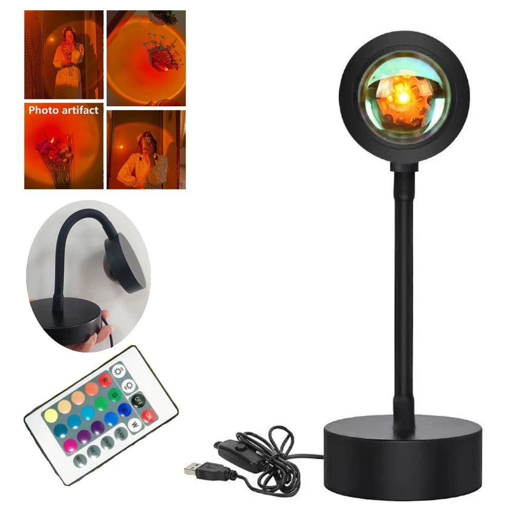 LED Sunset Lamp Projector with 16 Color Options and Remote Control – Adjustable Mood Lighting for Home and Photography