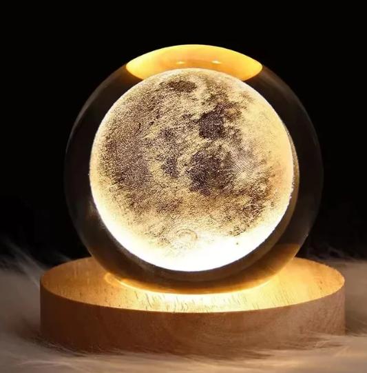 Moon: 3D Laser-Engraved Crystal Globe Night Light with Beechwood Base
