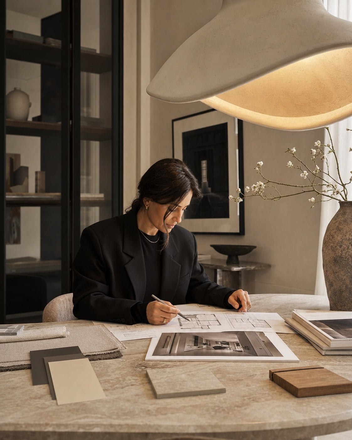 Interior designer reviewing residential plans beneath a sculptural pendant