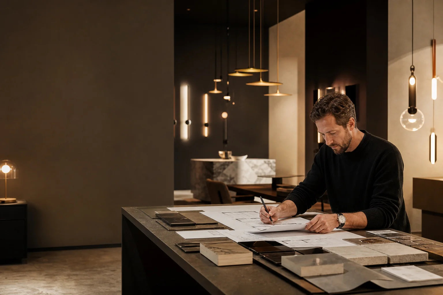 Lighting designer reviewing plans and material samples in a showroom