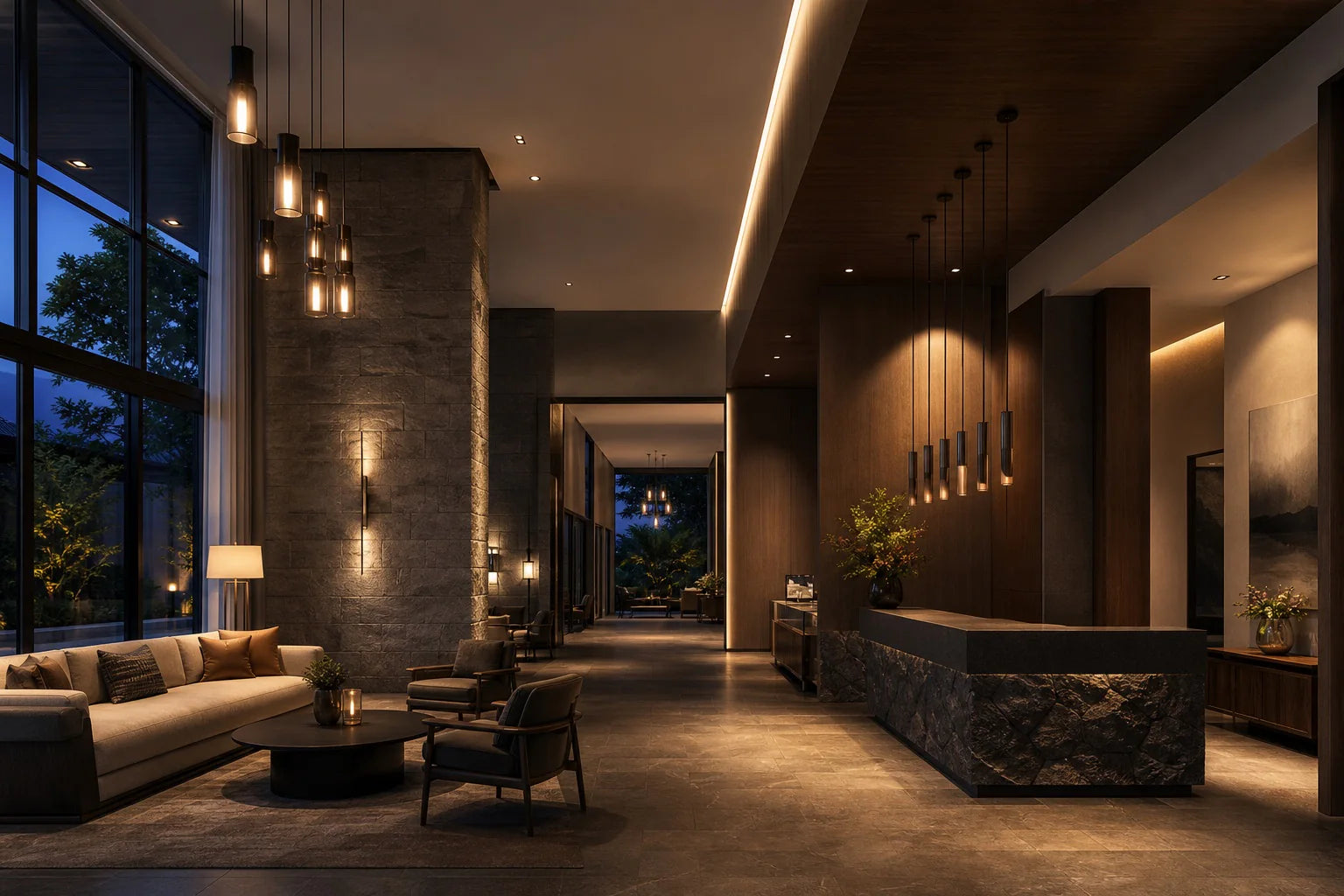 Hotel lobby with coordinated pendant, wall, and linear lighting