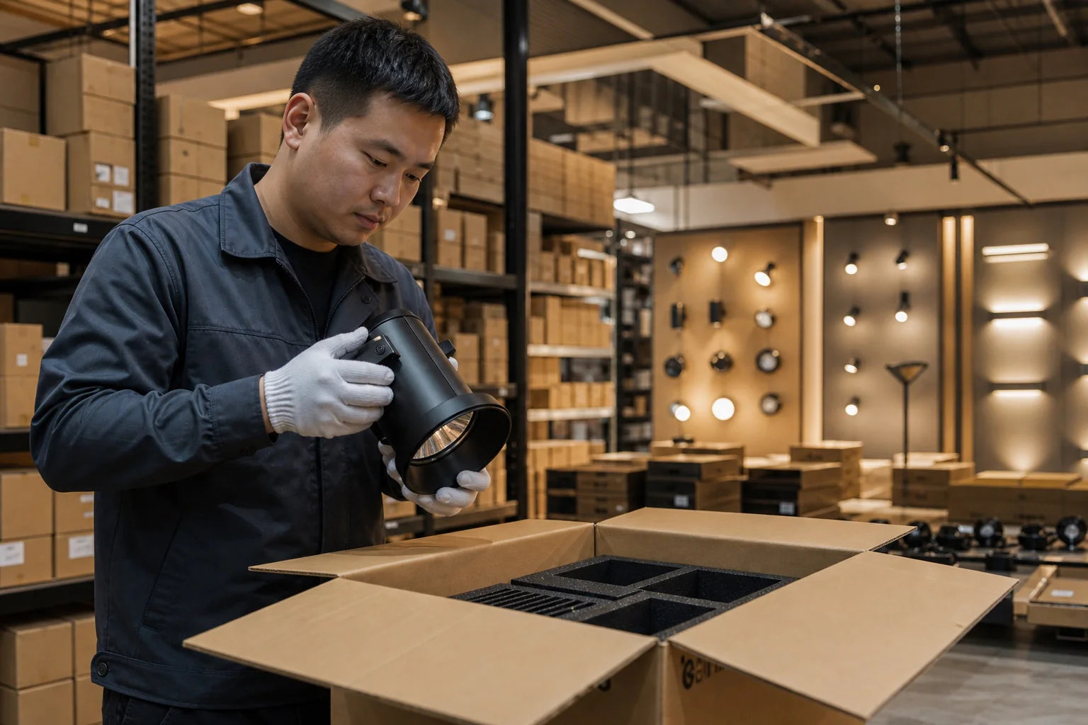 A Bestdealer lighting specialist inspecting a black spotlight before packing